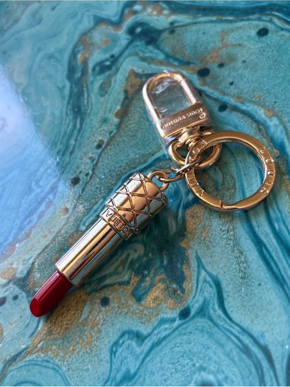 Louis Vuitton Gold Lipstick Purse Charm Keyring with Red Tip